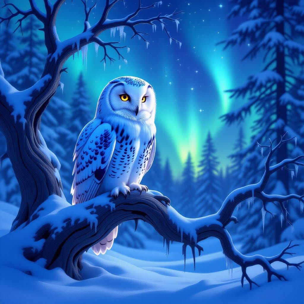 Majestic Snow Owl with Ethereal Eyes in Aurora Forest