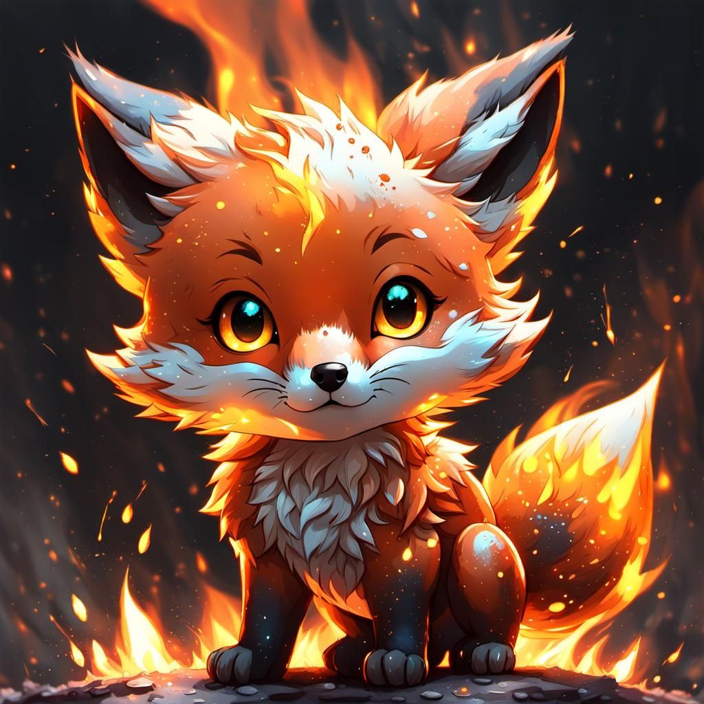 Fiery Chibi Fox Cub in Digital Art Style