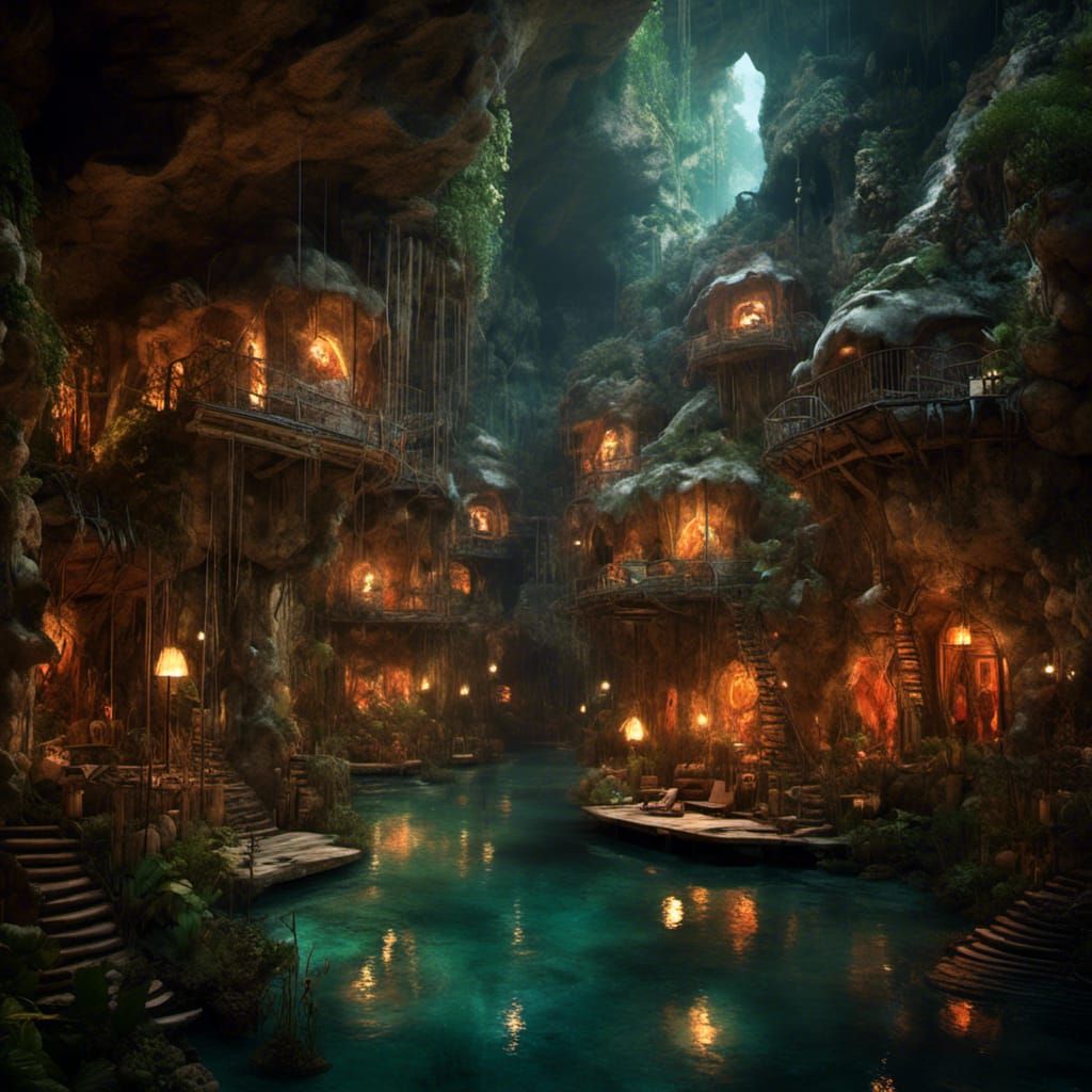 Futuristic Underground River with Mediterranean Cottages