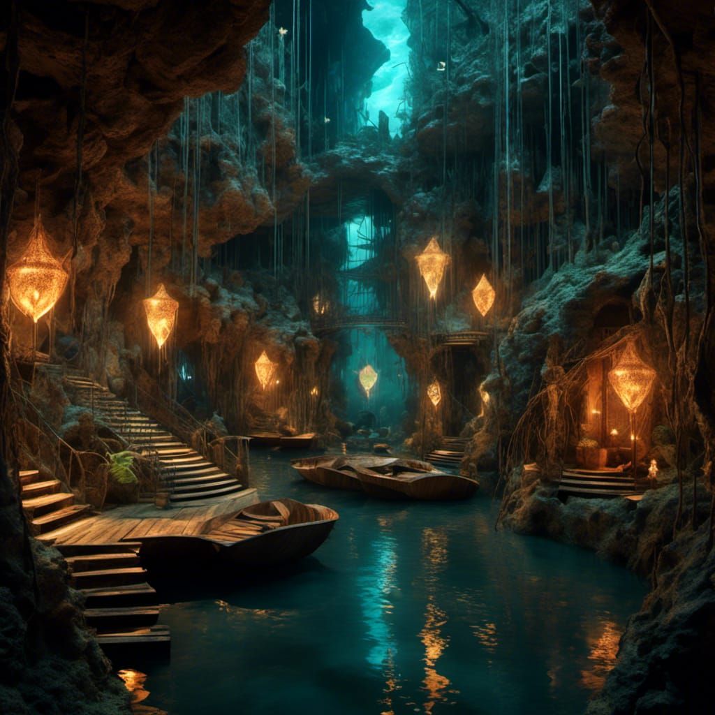 Futuristic Underground River with Mediterranean Cottages