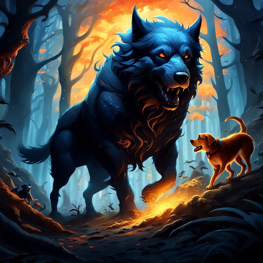 Mystical Dog Battle in Dark Forest: Fantasy Art
