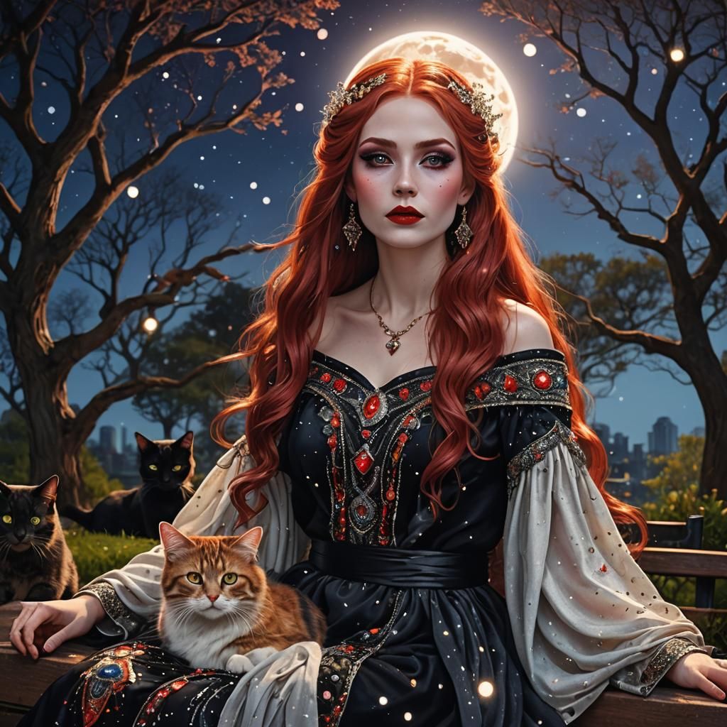 Goddess with Cat in Moonlit Park: Digital Fantasy Art