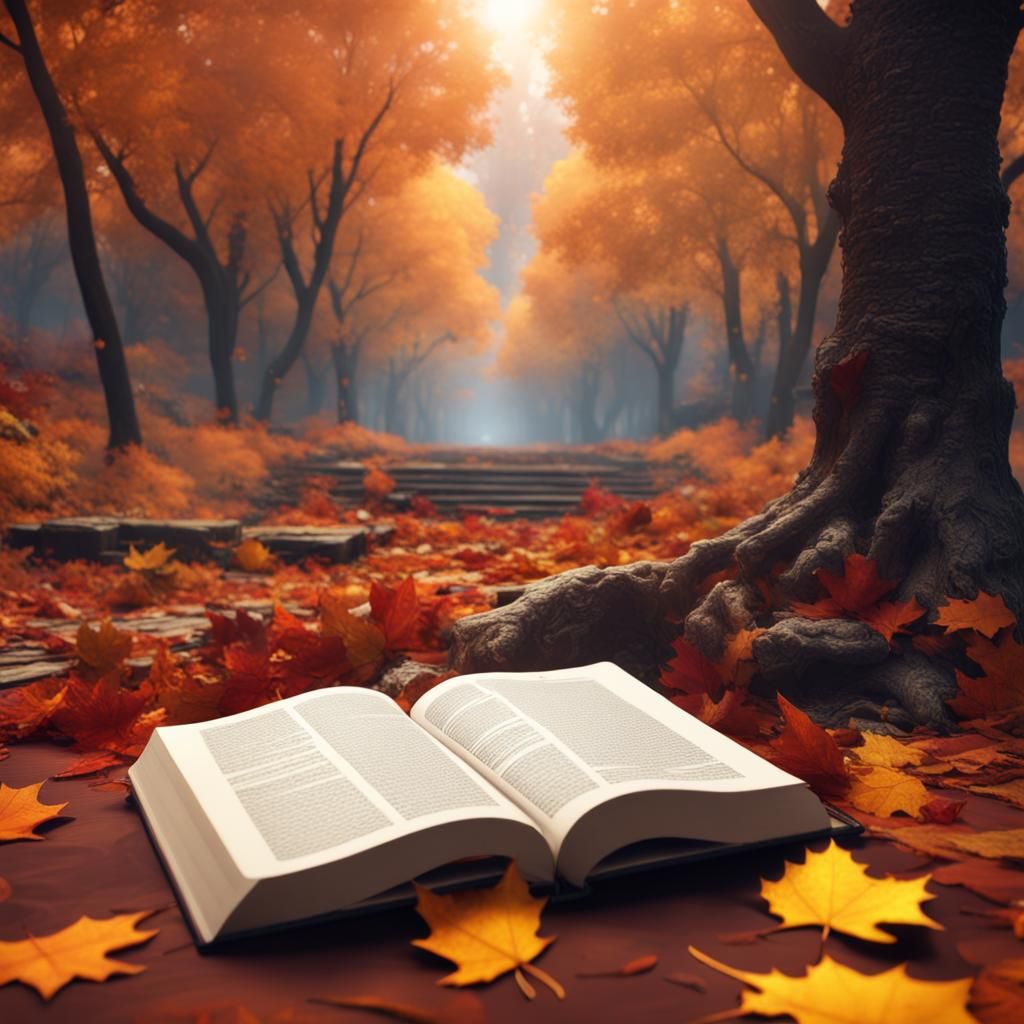 Book Surrounded by Fall Leaves in Matte Painting Style