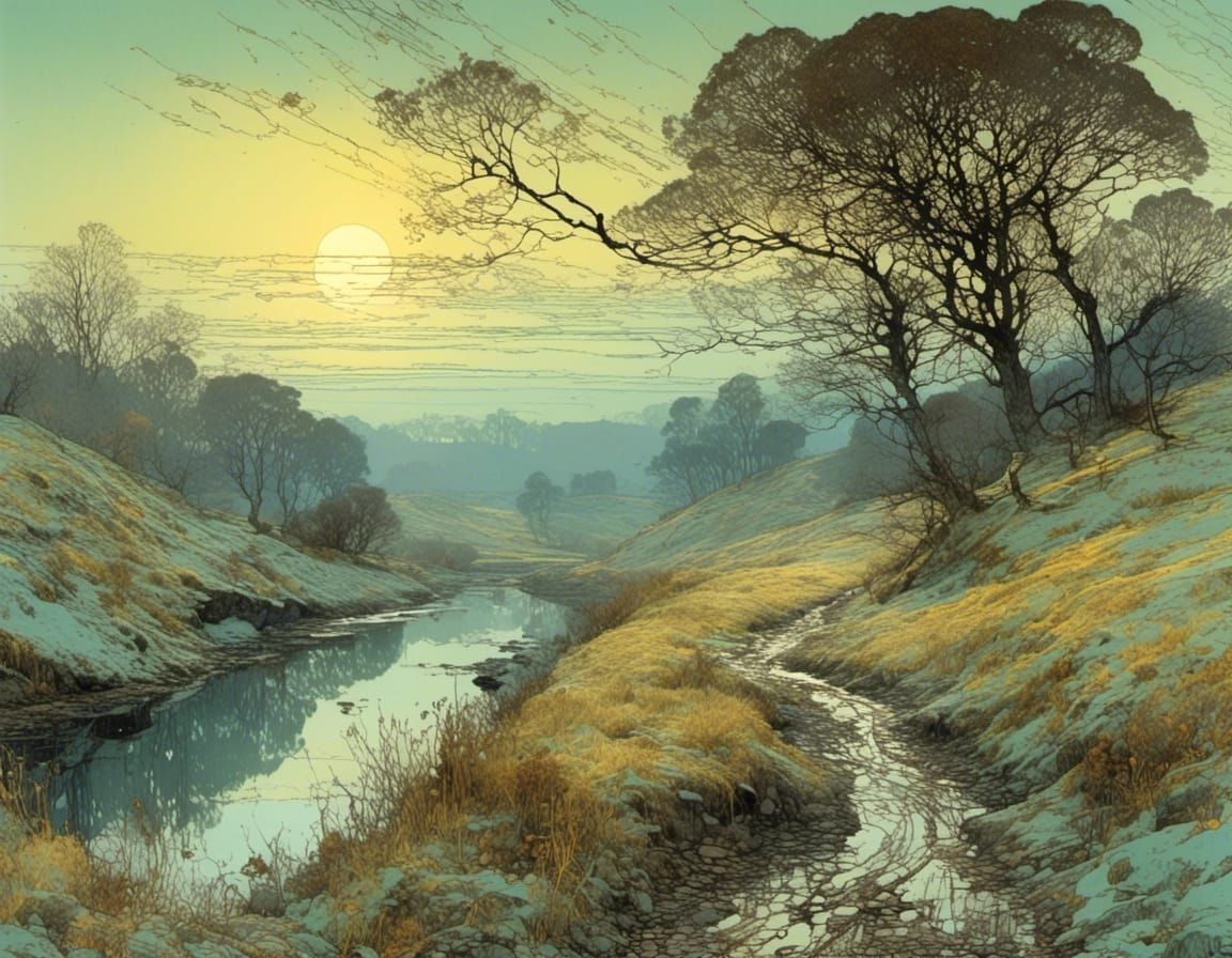 Vibrant River Valley Landscape in Polychromous Style