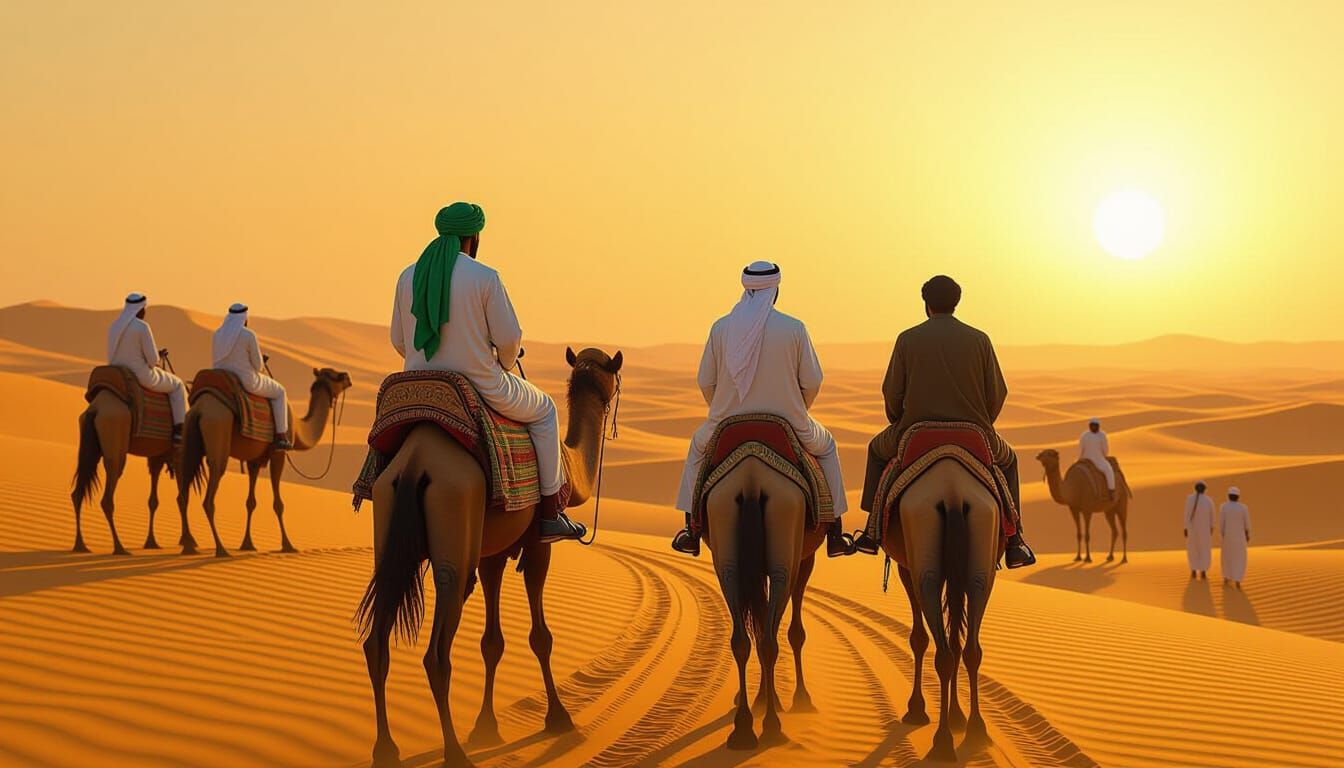 Desert Caravan at Sunset in Realistic Style