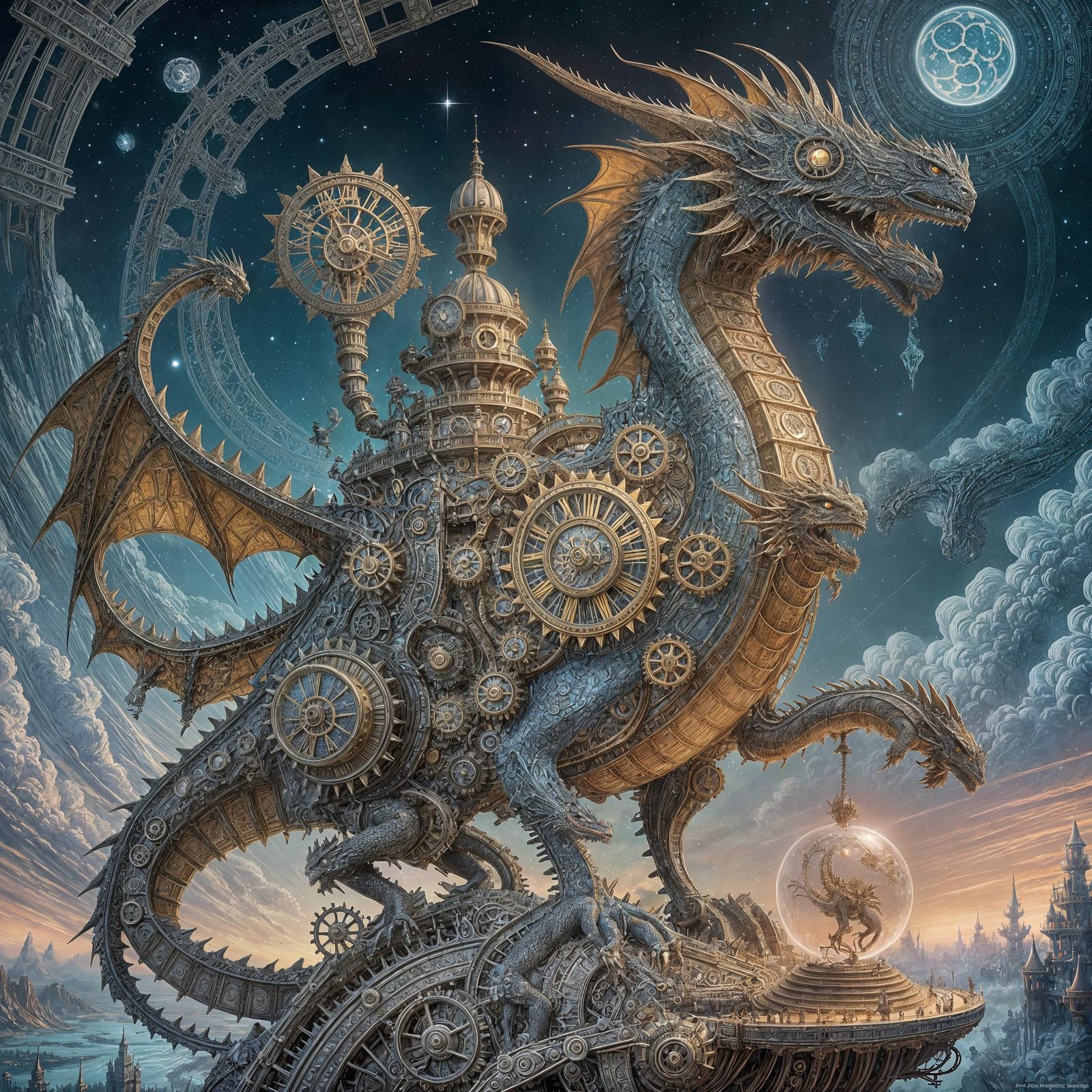 Clockwork Dragon on Cosmic Crystal in Steampunk Style