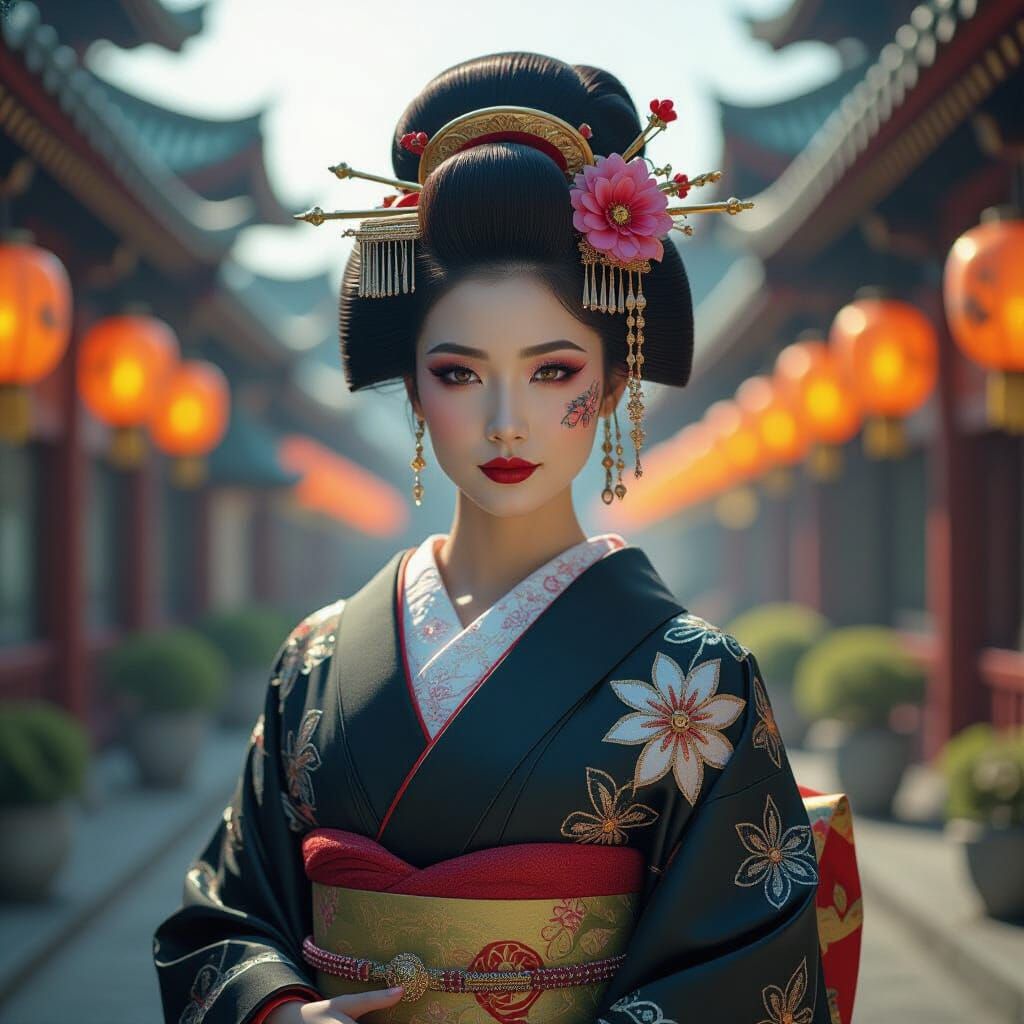 Biopunk Geisha Portrait with Neon Lights