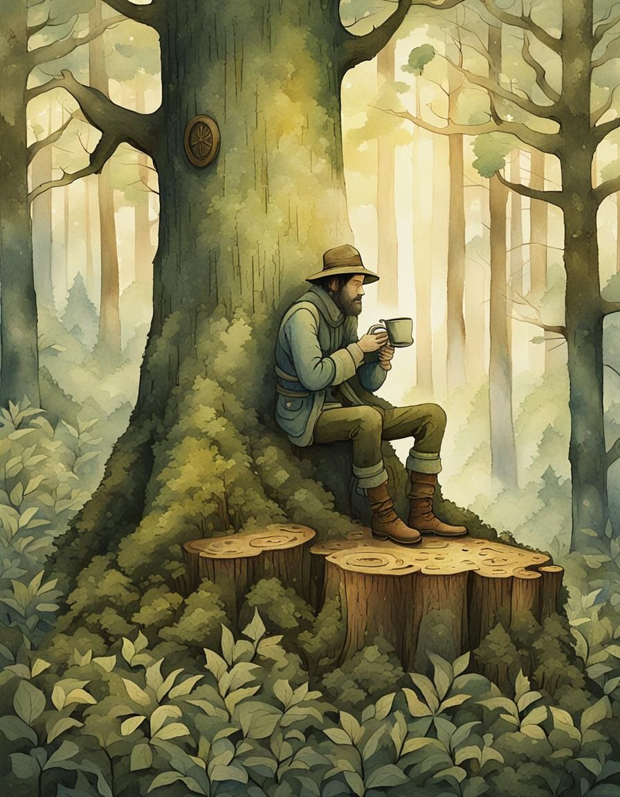 Man Enjoys Morning Coffee in Whimsical Forest Scene
