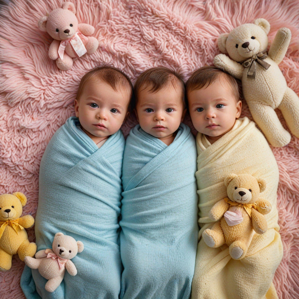Cozy Twins Lie on Plush Blanket Amidst Teddy Bears in Pastel...
