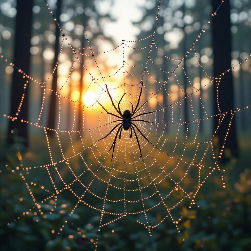 Dew-Kissed Spiderweb in Forest Clearing at Dawn