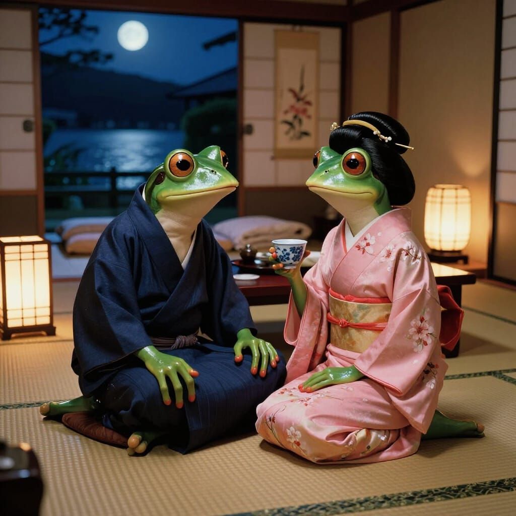 Anthropomorphic Frogs in Japanese Ryokan Bedroom