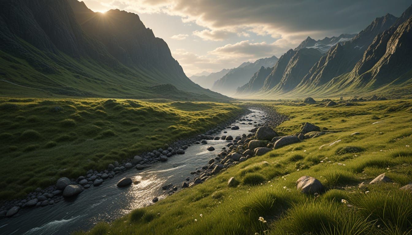 Cinematic Matte Painting of a Grassy Hill and River