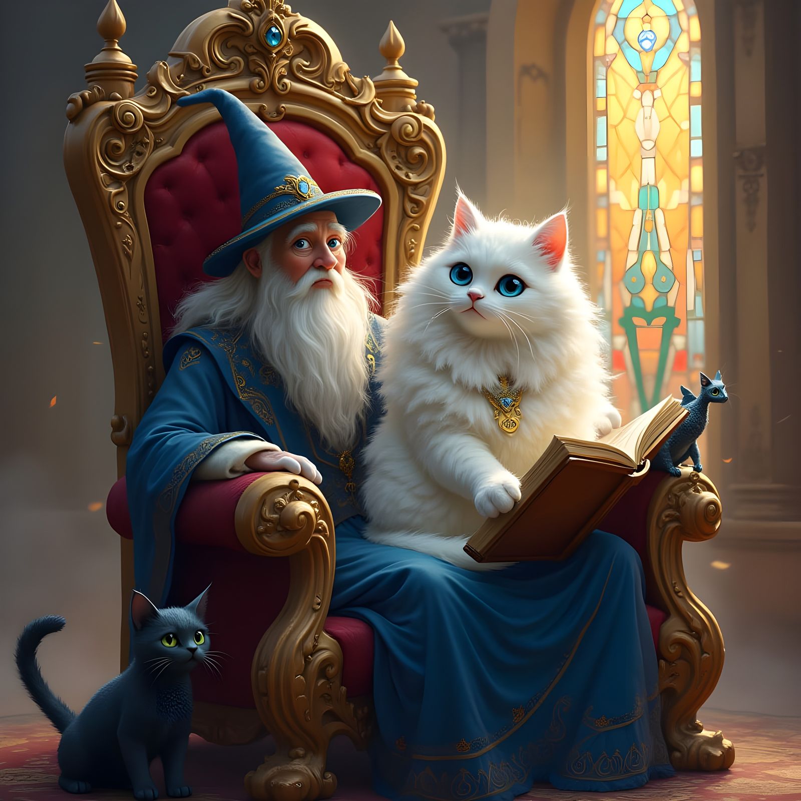 Whimsical Castle Scene with Subla the White Cat and Wizard D...