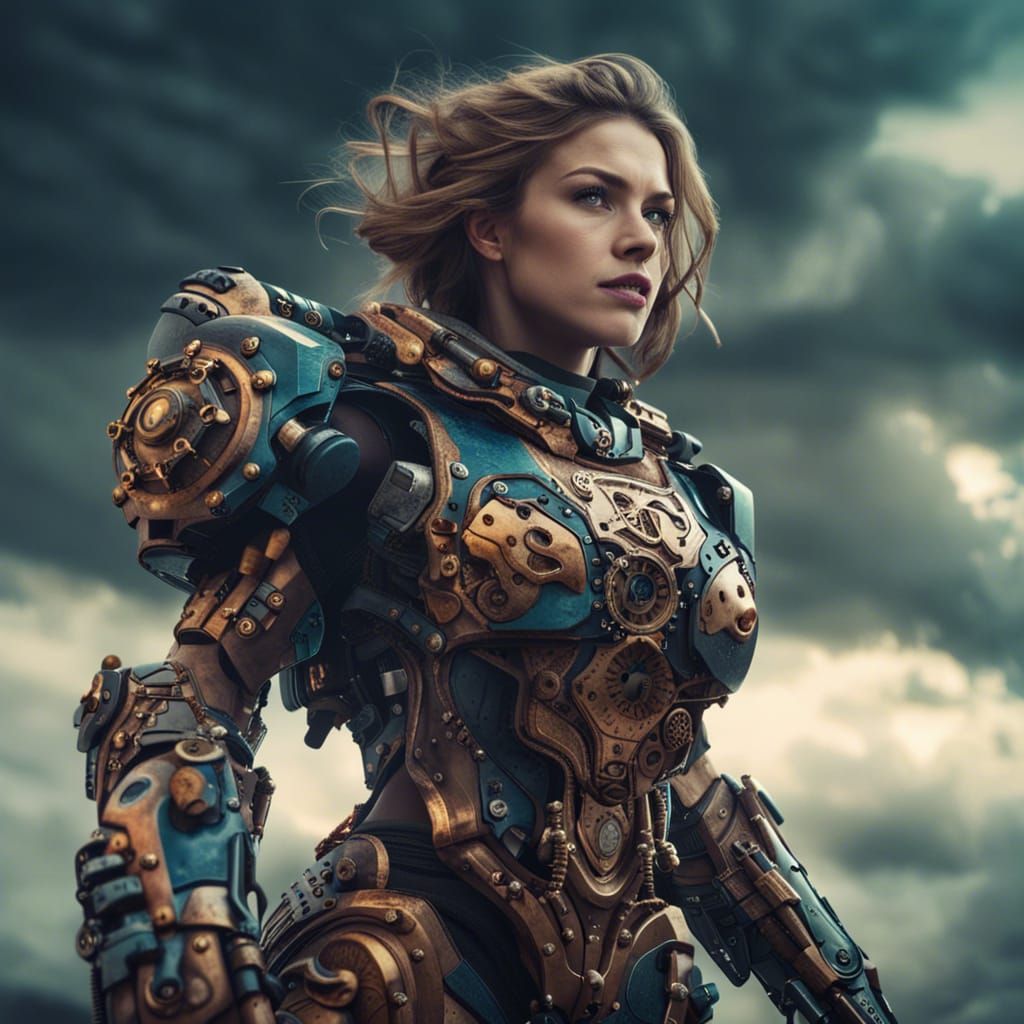 Woman in Mechanical Battle Suit, Detailed Digital Art