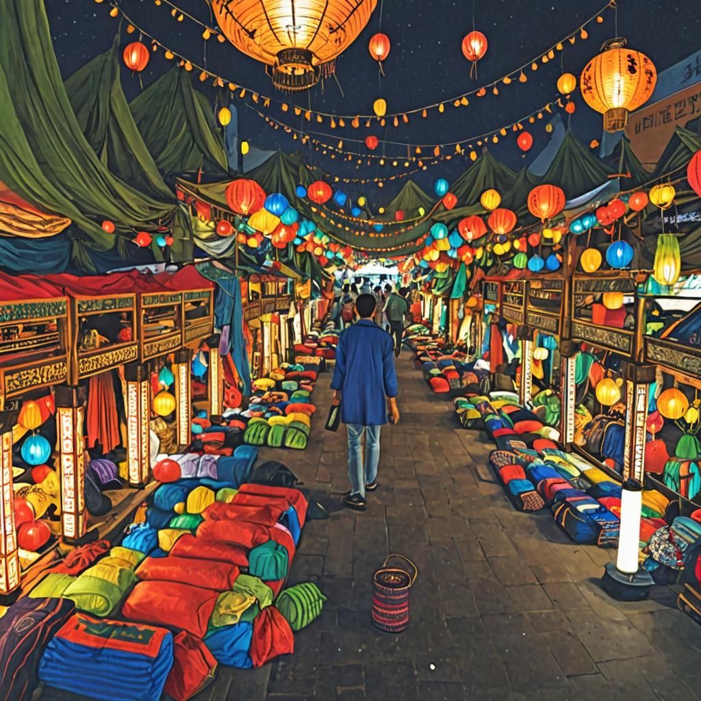 Vibrant Night Market with Exotic Goods and Lanterns