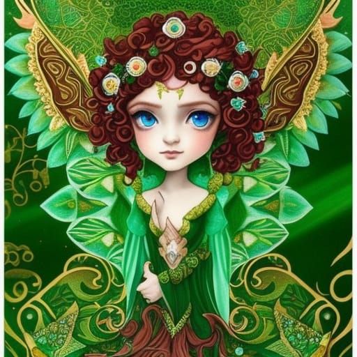 Baby Elf Girl in Velvet Green Dress, Pointed Ears and Tiny W...