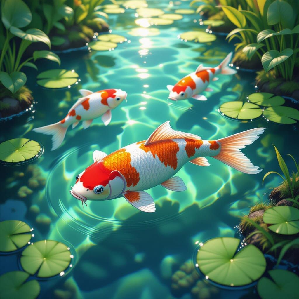 Koi Fish in a Serene Pond: Hyperrealistic Aquatic Art