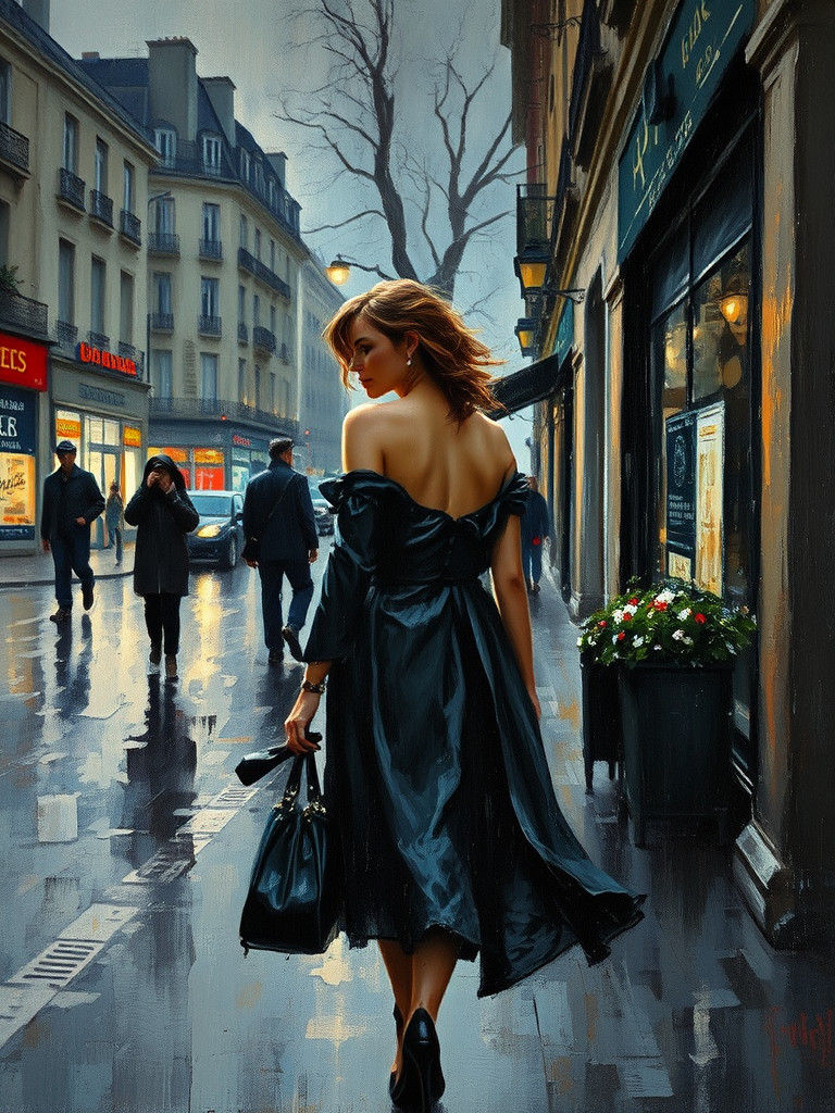 Rainy Paris Street Scene as Impressionist Painting