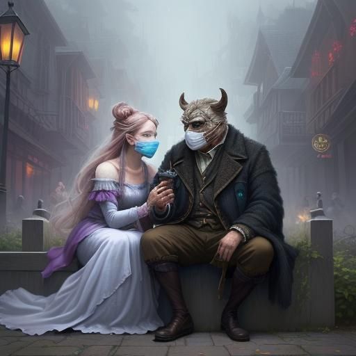 Ethereal Fantasy: People Removing Masks in Misty Street