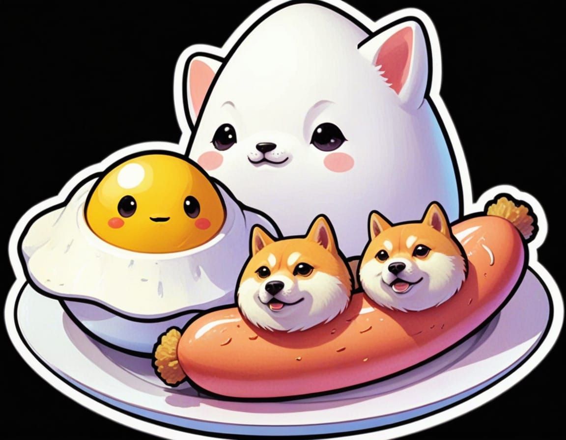digital illustration of an anthropomorphic egg character on a plate with shiba inu dogs for sausages. animation, animals...