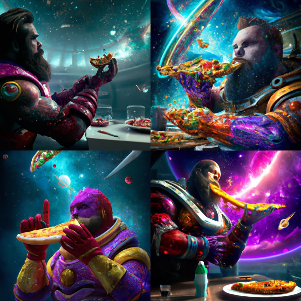 Bearded Man Eating Pizza in Space