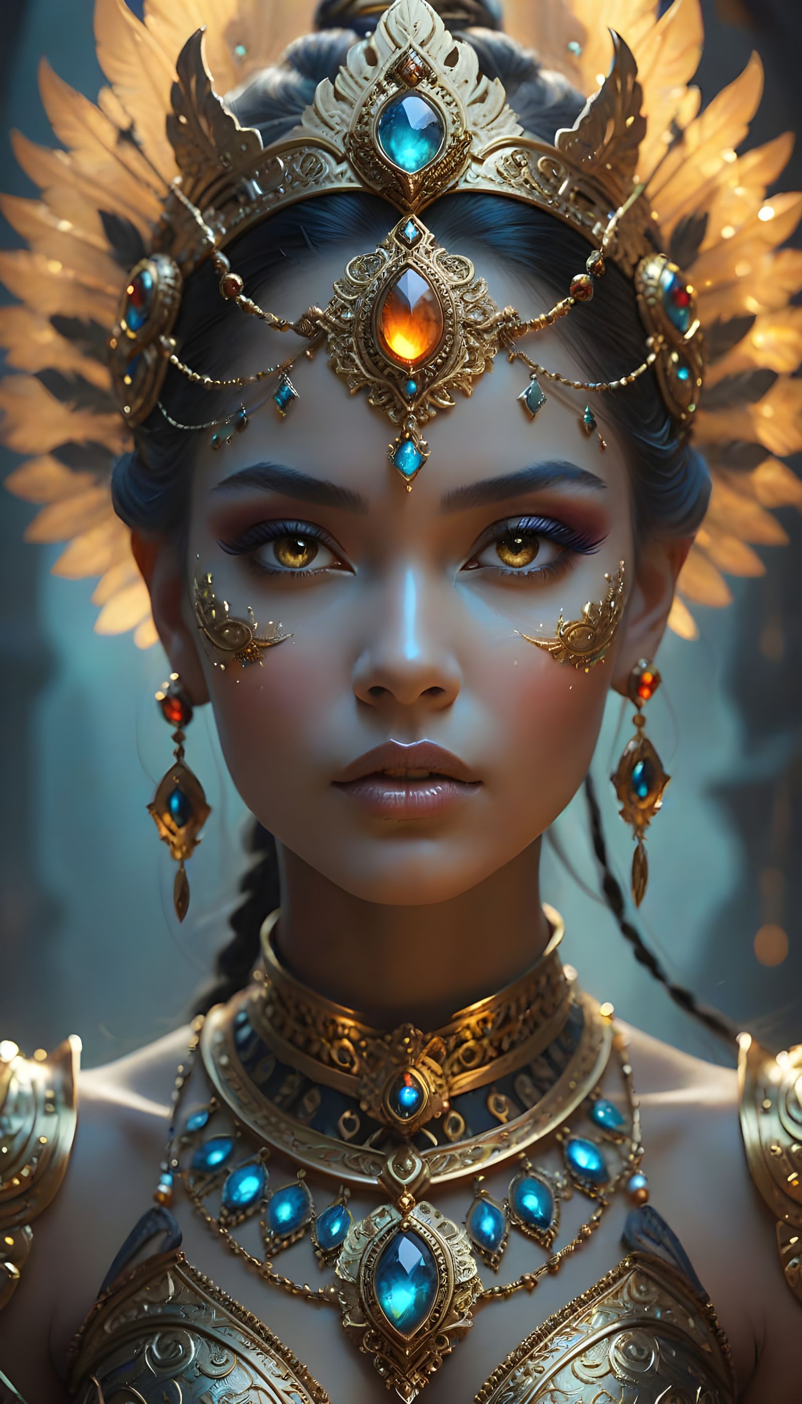 Divine Female Warrior in Golden Armor with Precious Jewels