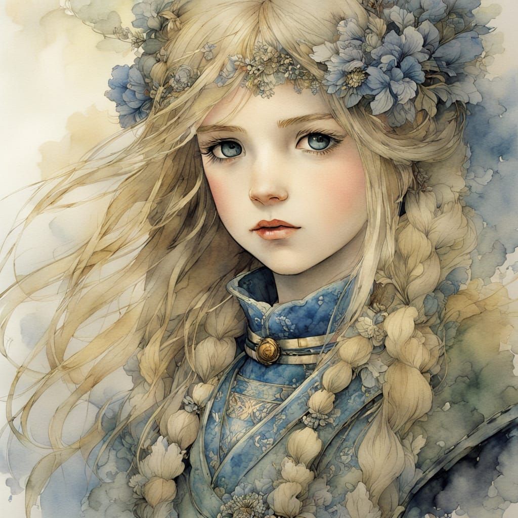 Watercolor Portrait of a Blond Girl in Anime Style