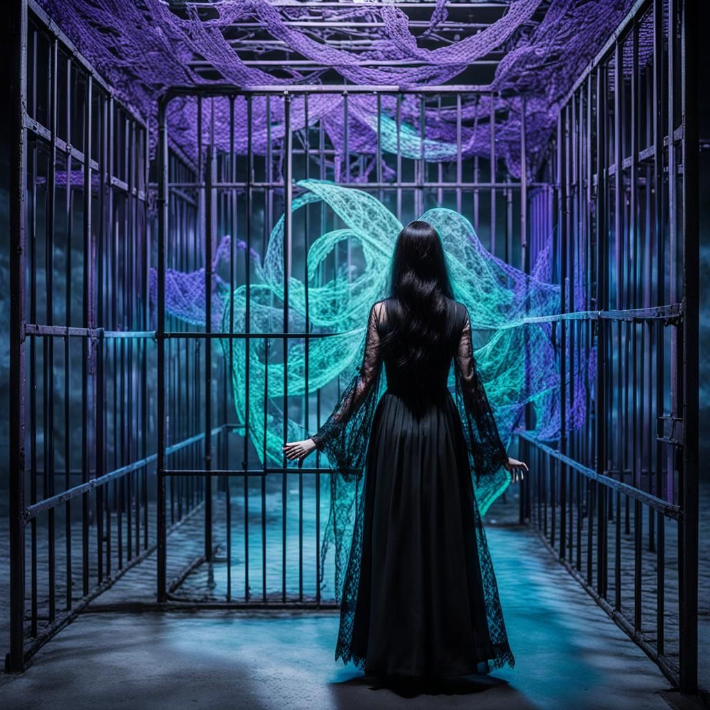 Woman in Void with Glowing Cage and Symbols
