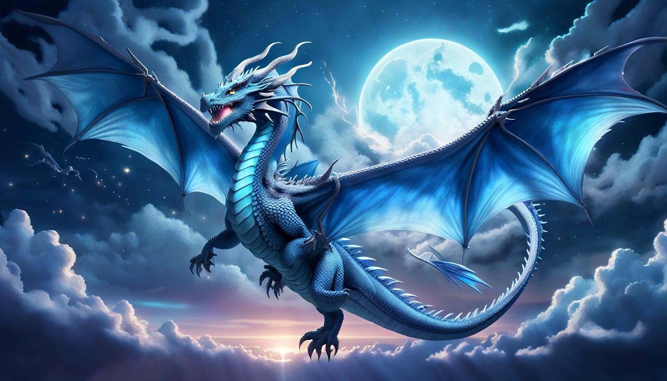 Majestic Blue Dragon Soars Through the Night Sky in Dreamy,...