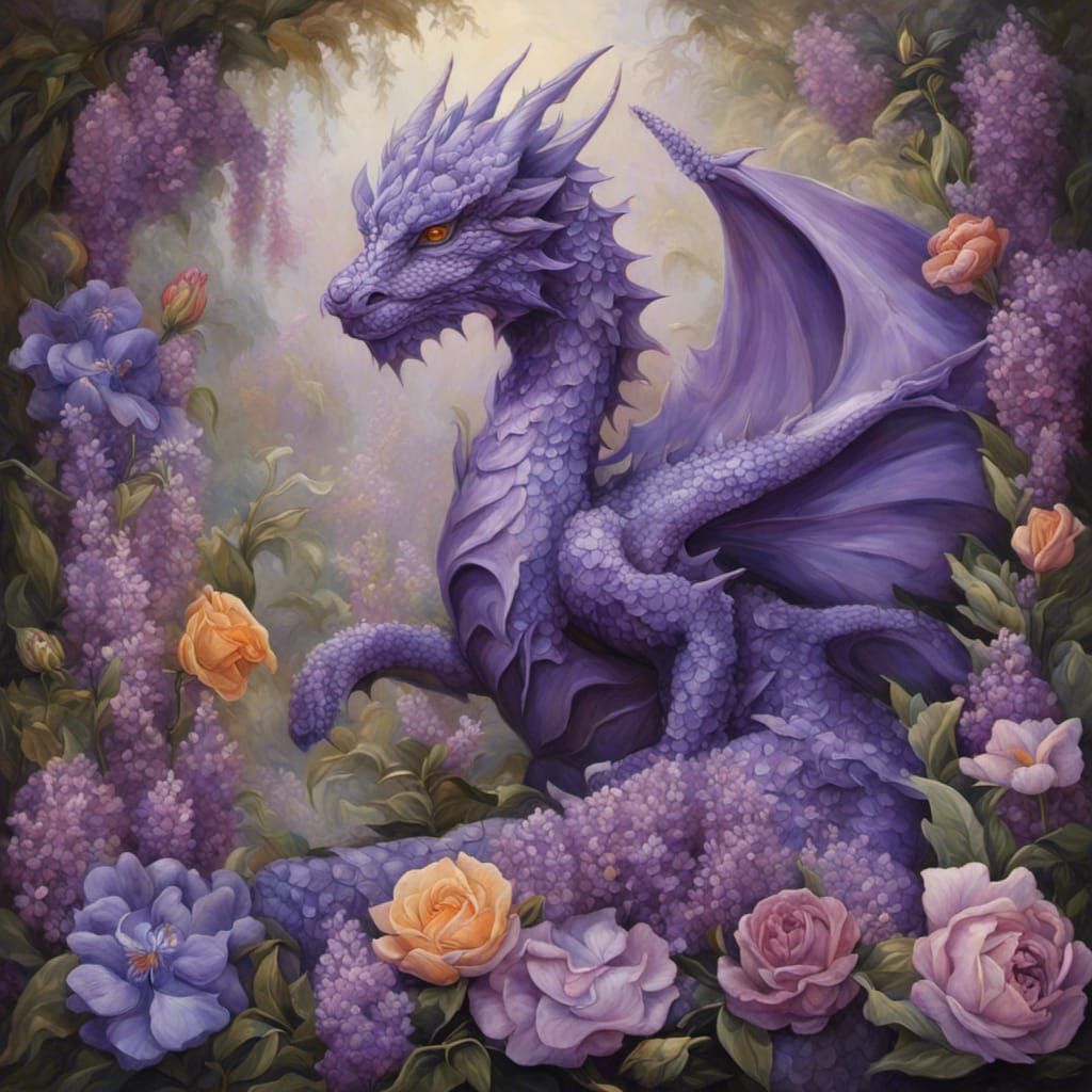 Gemstone Dragon in Purple Flower Garden Oil Painting