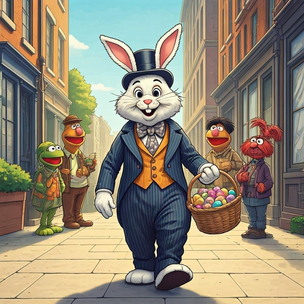 Jovial Easter Bunny Meets Muppets on a Sunny City Street