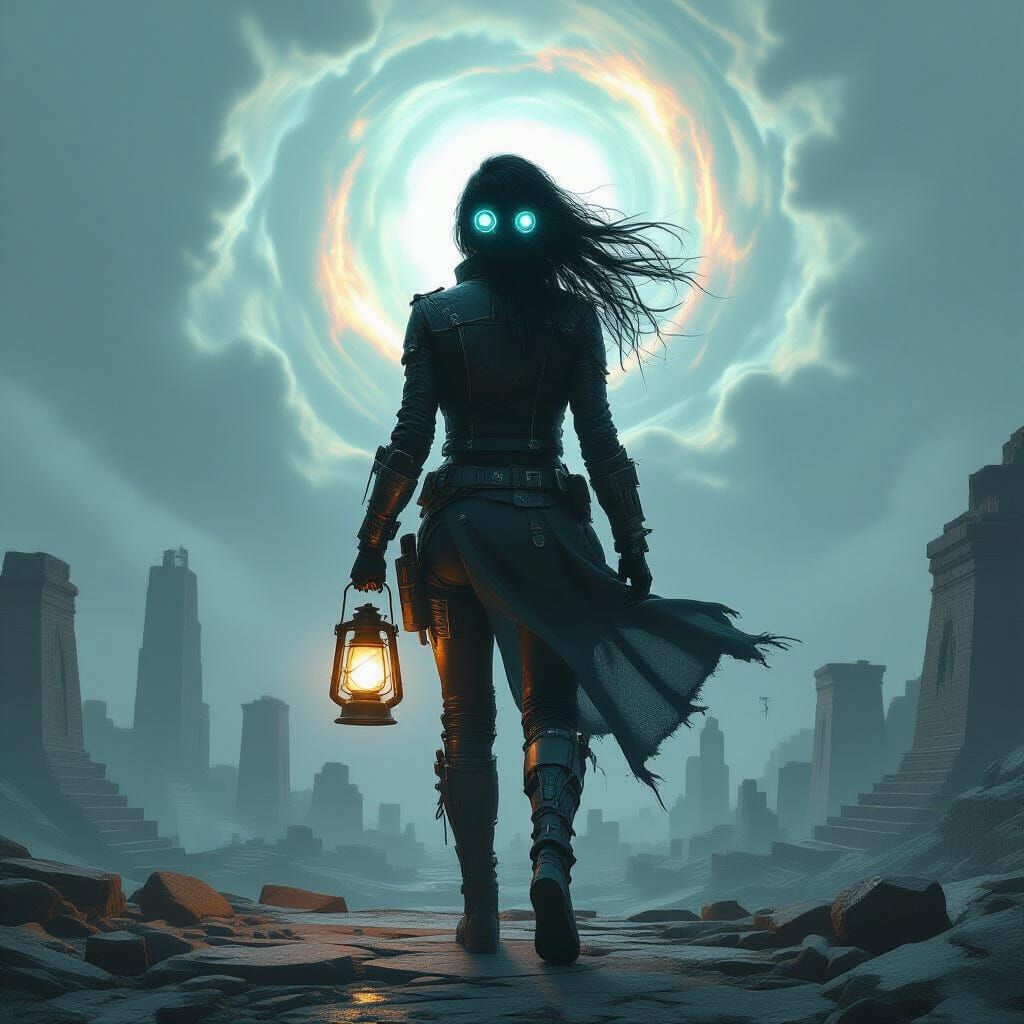 Cyborg Woman on Ziggurat in Gothic Cyberpunk Style