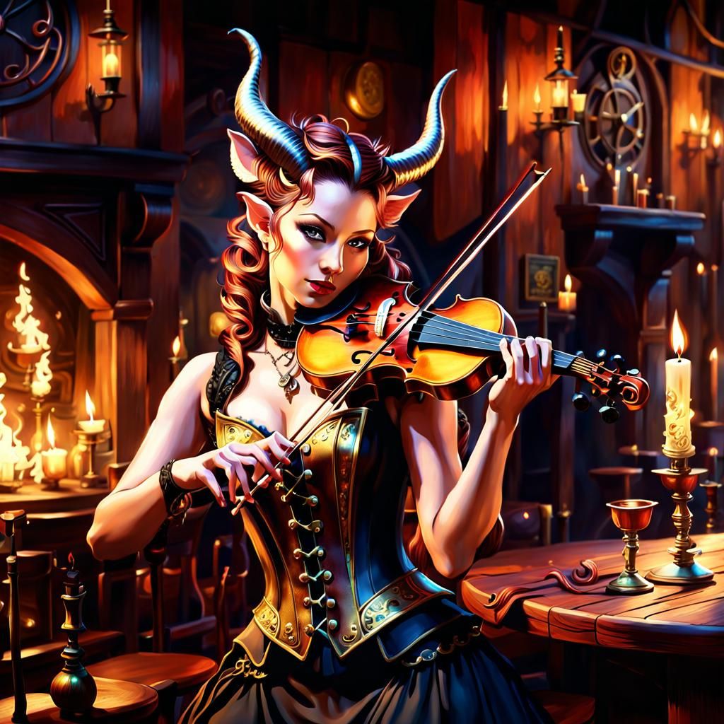 Steampunk Tiefling Bard in a Candlelit Tavern
