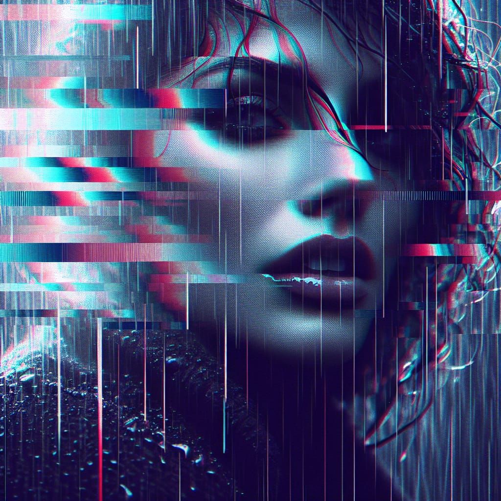 Glitch Art Portrait of Woman in the Rain