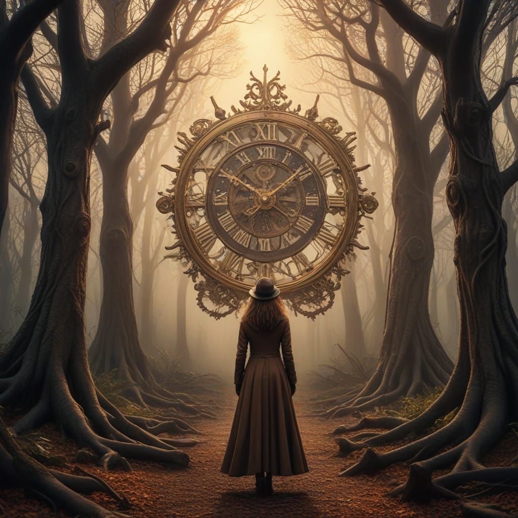 Surreal Steampunk Forest with a Woman in a Long Coat