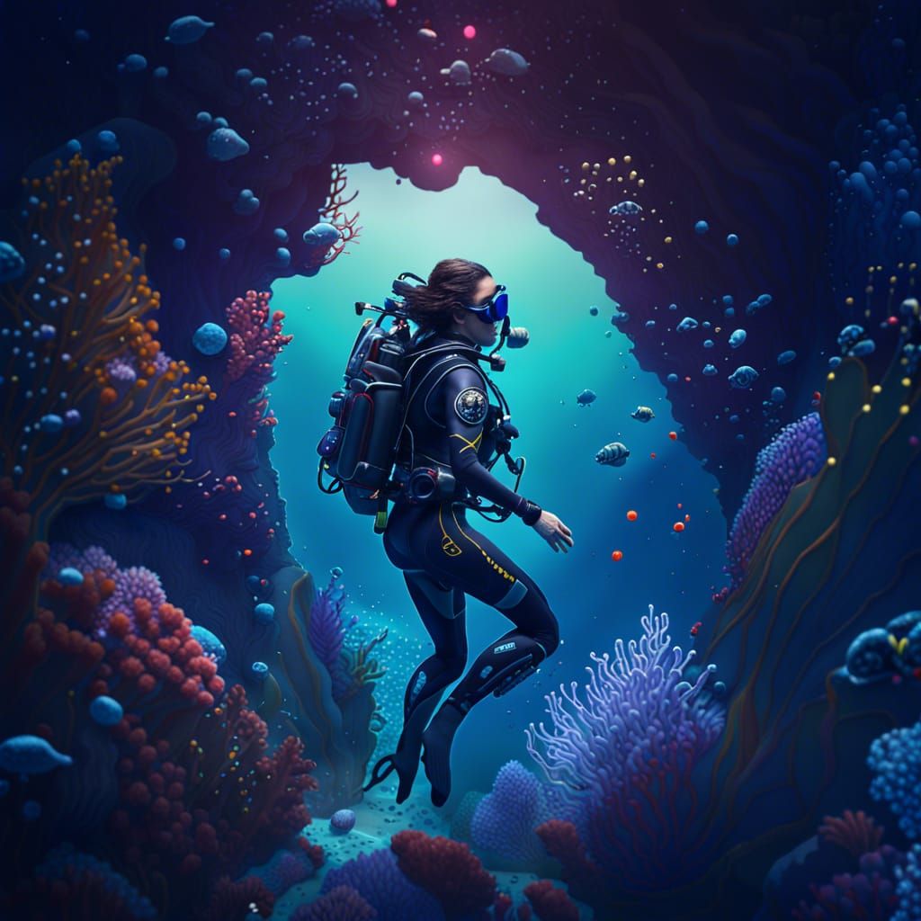 Brunette Scuba Diver in the Ocean Abyss