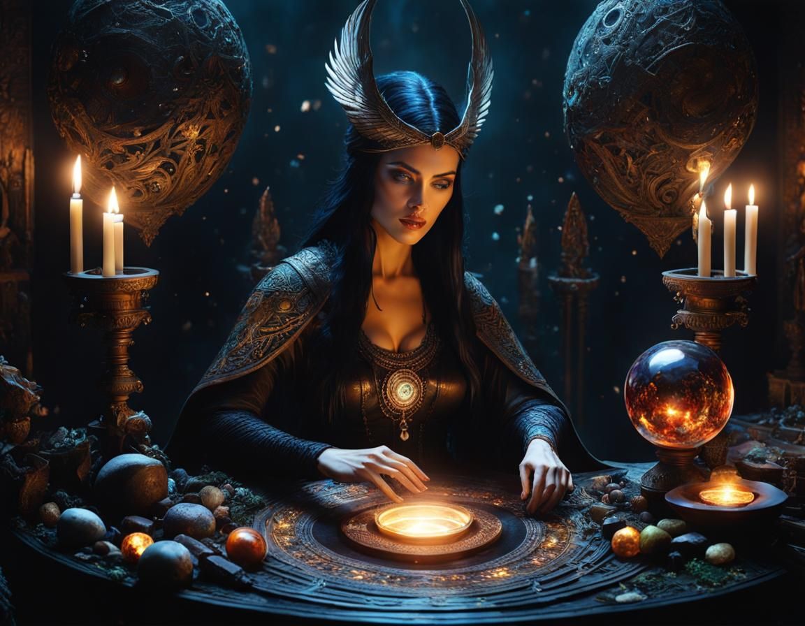 Sorceress Morgana at Obsidian Altar in Hypermaximalist Style