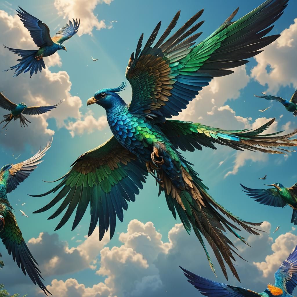 Iridescent Bird Soaring in a Detailed Fantasy Landscape