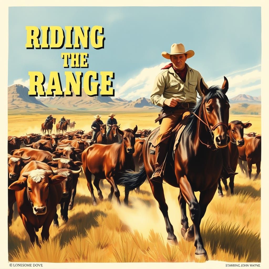 1940s western movie poster. "Riding the Range." A cowboy rid...