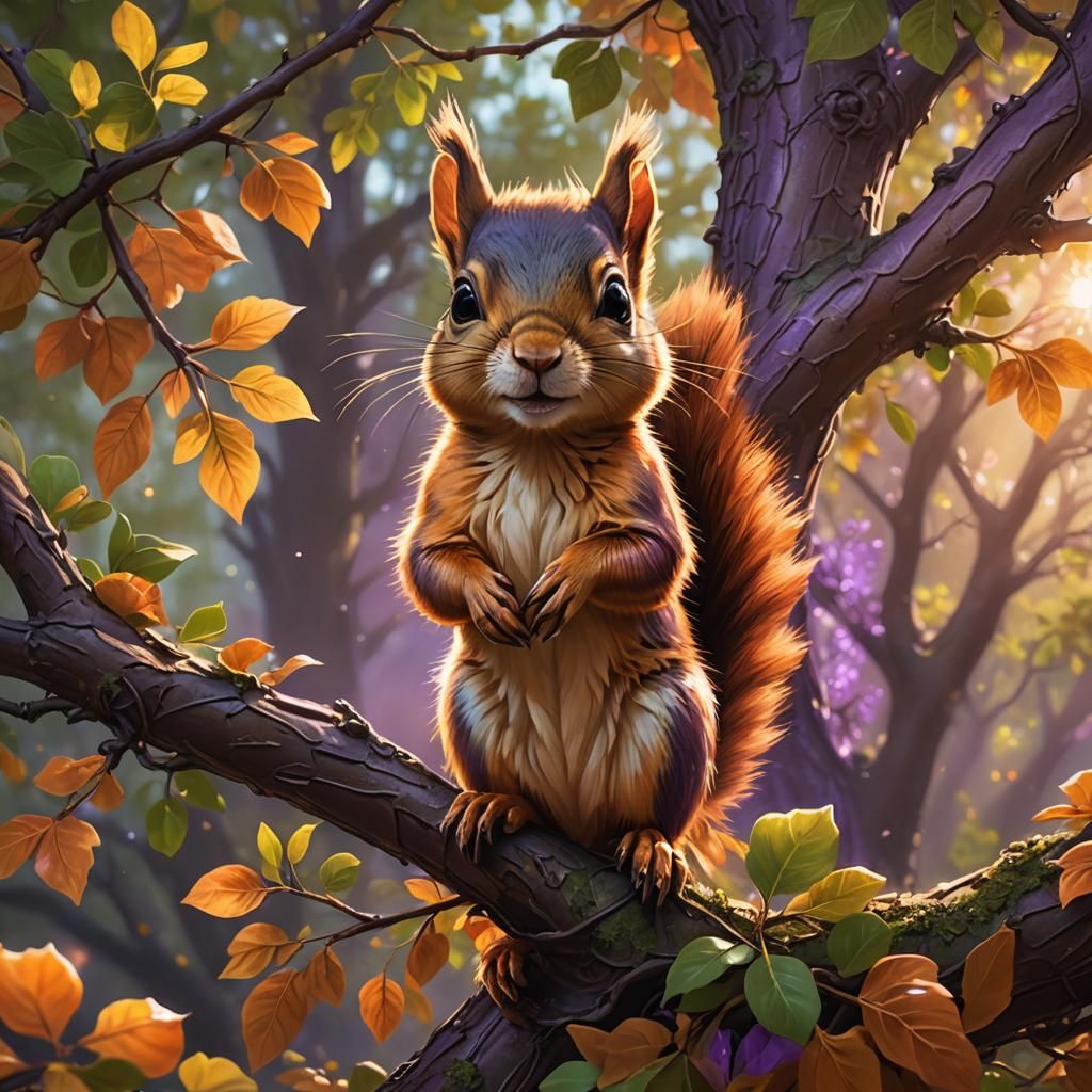 Baby Squirrel in Glowing Tree: Fantasy Realism