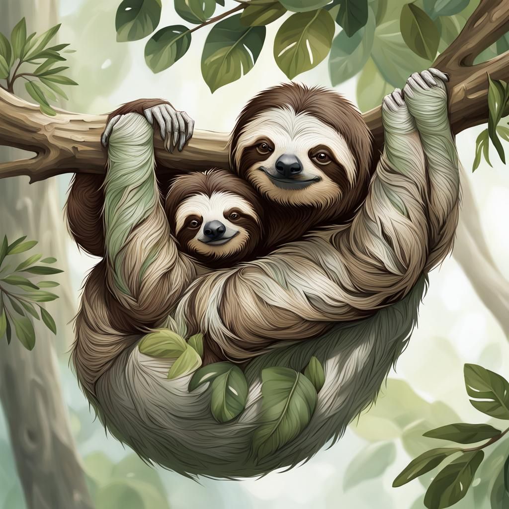 Mother Sloth and Baby: Hyperrealistic Splash Art