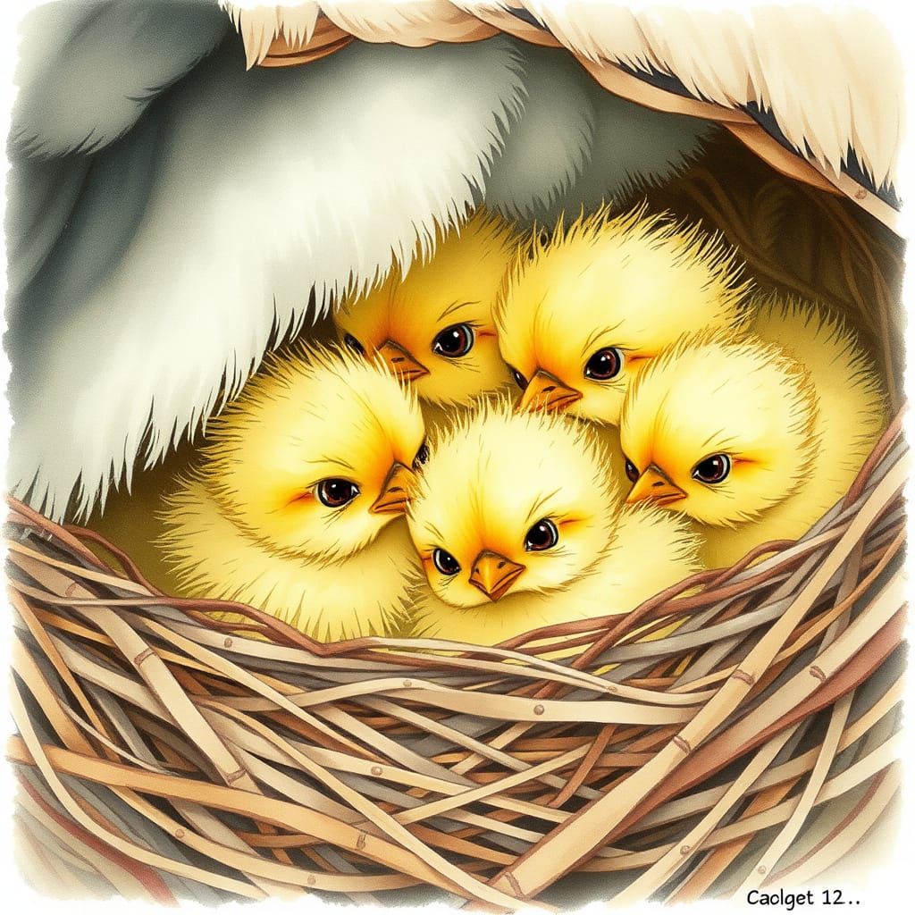 Fluffy Yellow Chicks in a Cozy Nest
