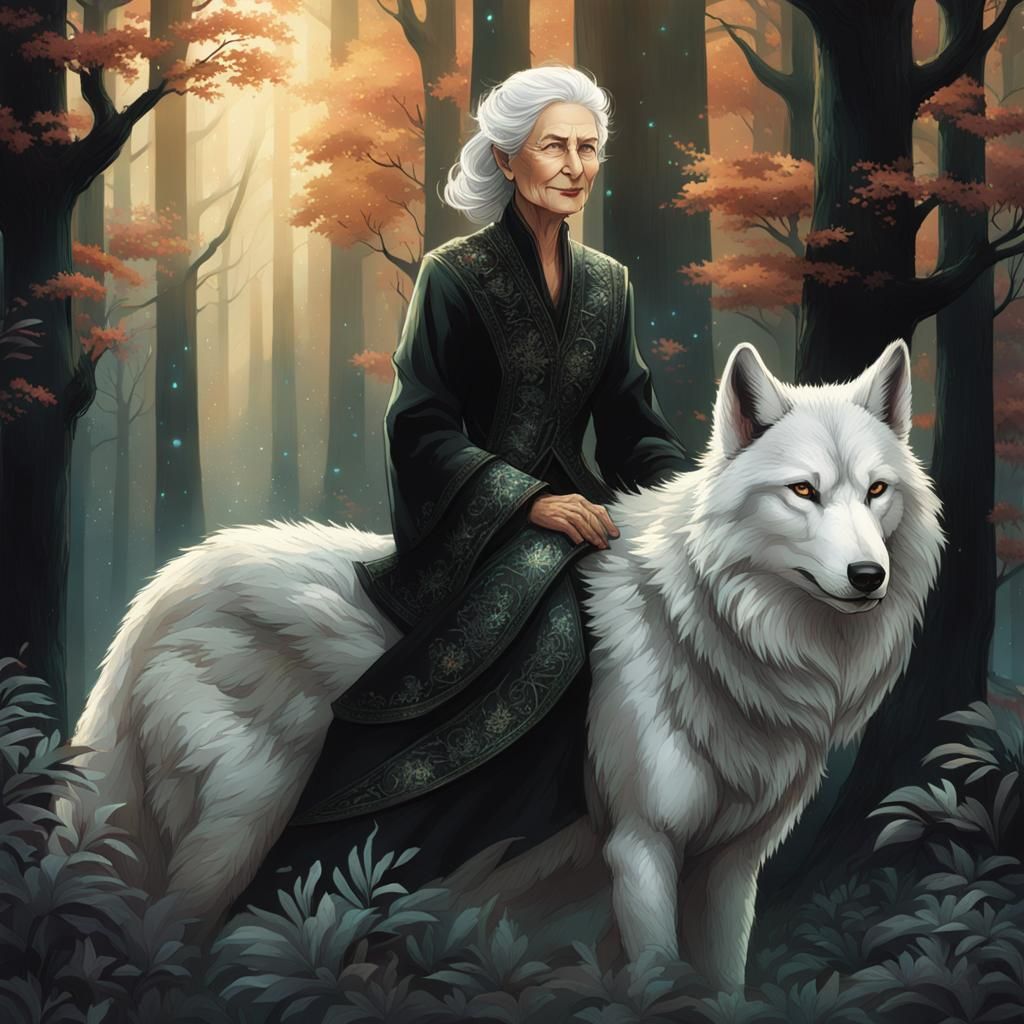Old Woman Rides White Wolf in Ethereal Forest