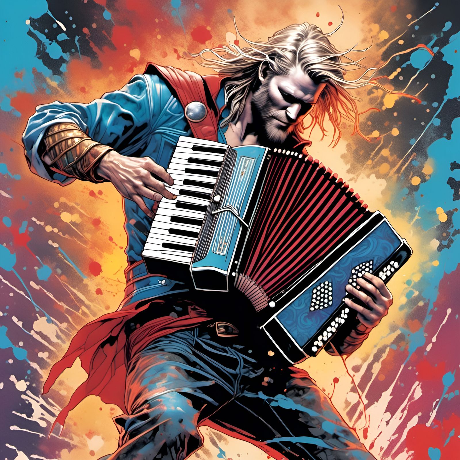 Thor Plays Accordion in Graffiti Art Style