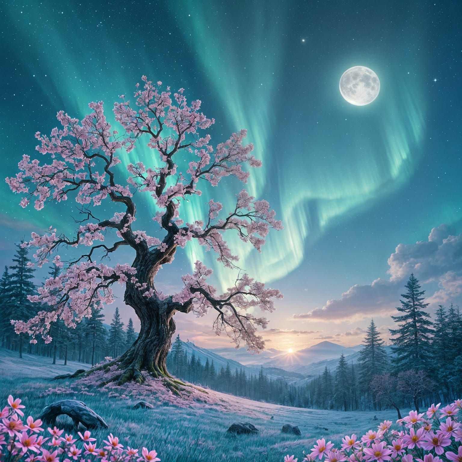 Ancient Tree Under Aurora Borealis in Moonlight