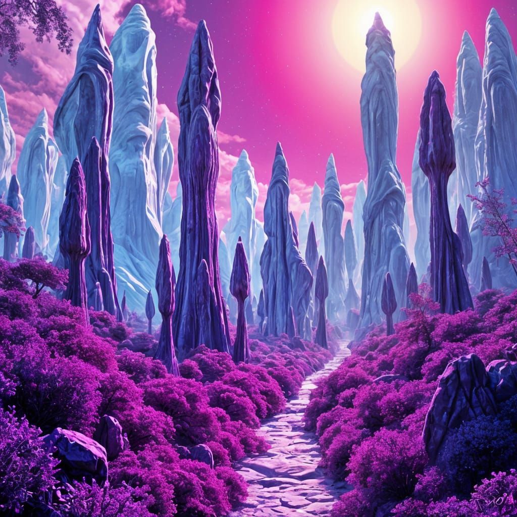 Vibrant Alien Landscape Amidst a Lavender Forest