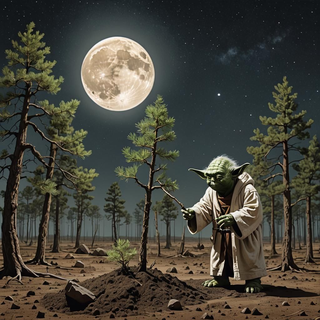 Yoda Plants Lunar Pines in Dreamlike Sci-Fi