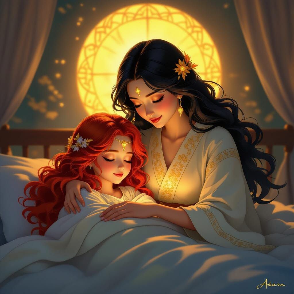 Divine Mothers Tucking Child to Sleep in Golden Light