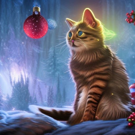 Detailed Christmas Cat Fantasy Concept Art