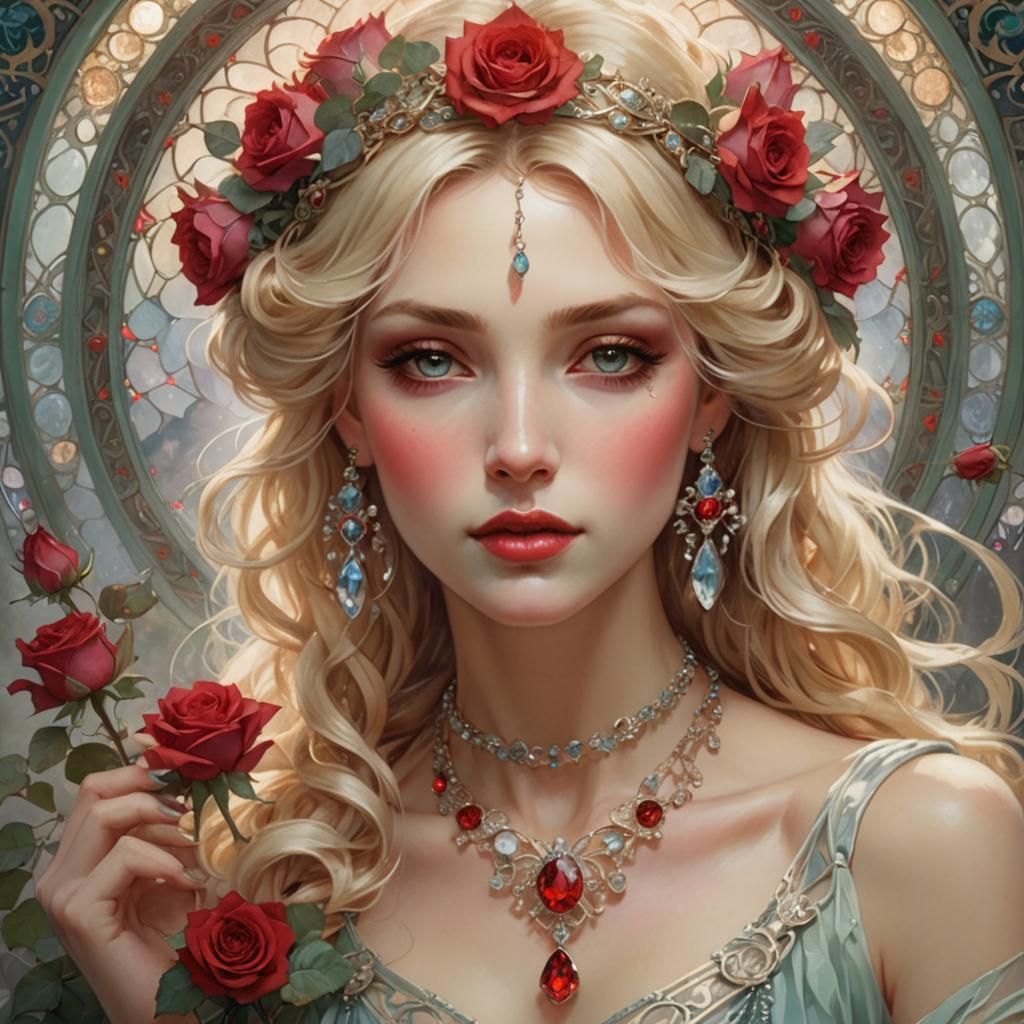 Blond Girl with Crystal Necklace: Alphonse Mucha Style